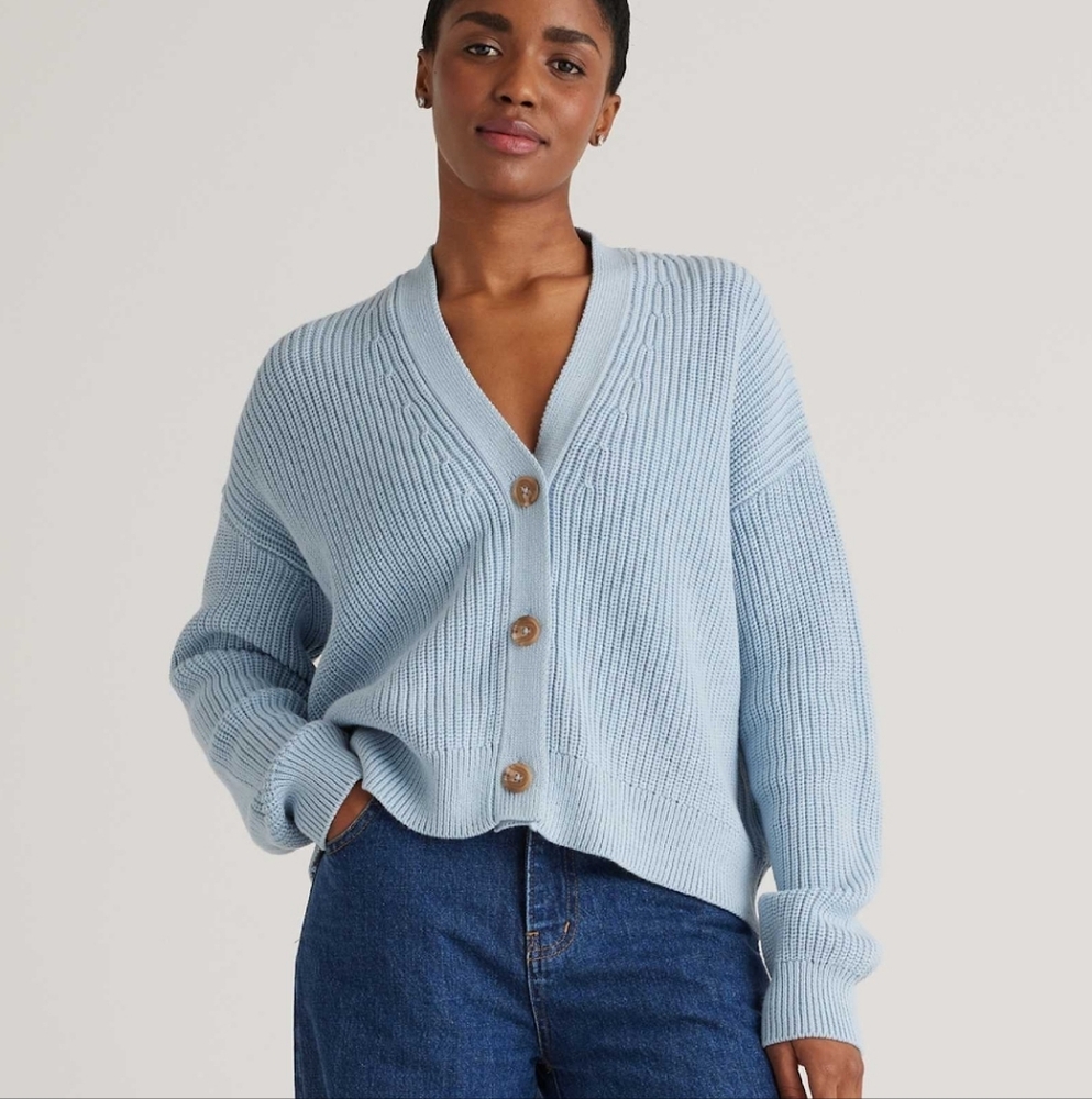 Quince Sky Blue Fisherman Organic Cotton Boxy Cropped Cardigan X Small